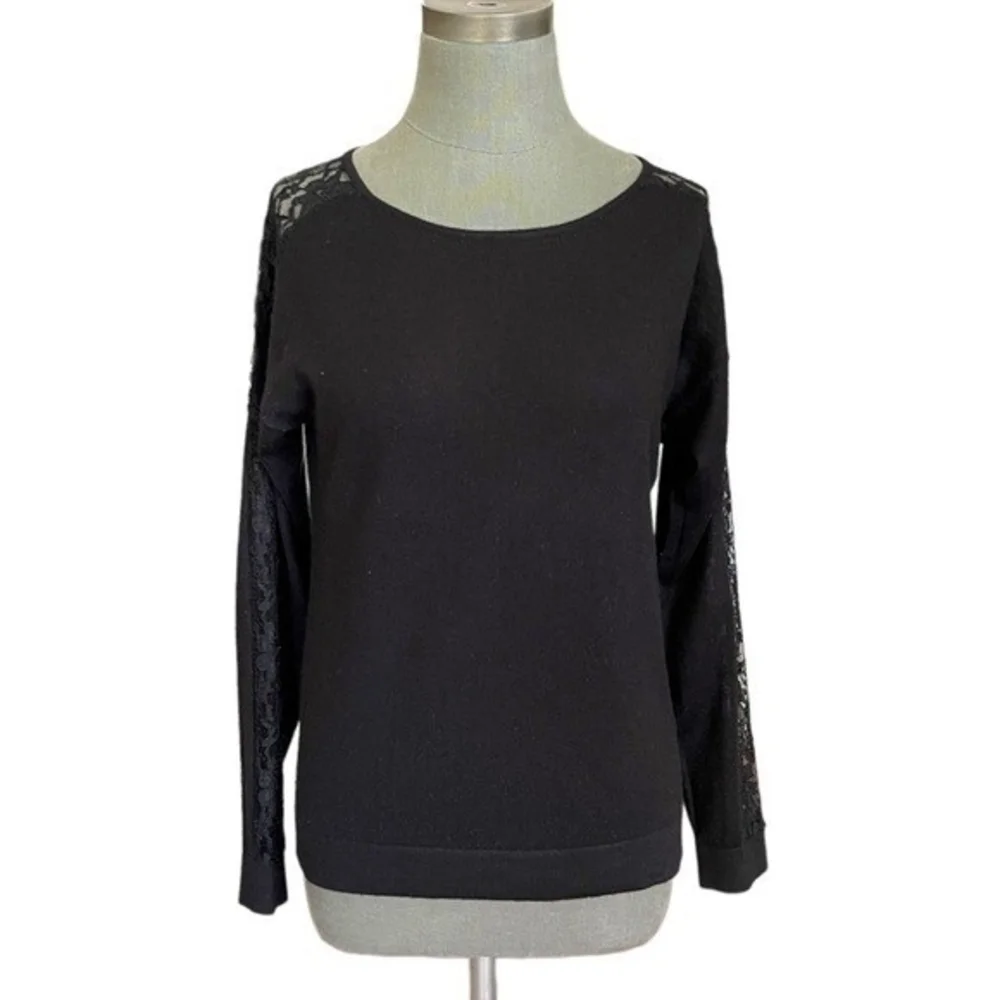 DKNY Womens Black Lace Trim Long Sleeve Sweater M Wool Blend Crew Neck VG
